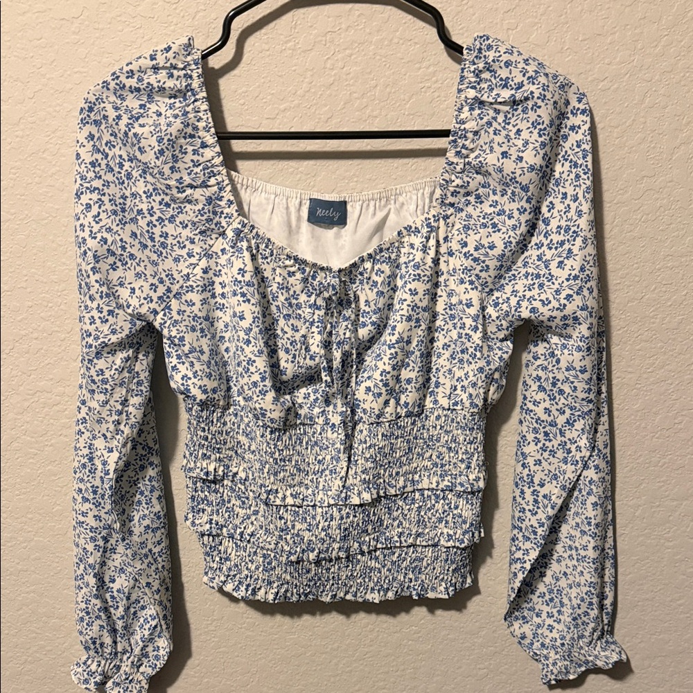 Blue Floral Smocked Women's Blouse